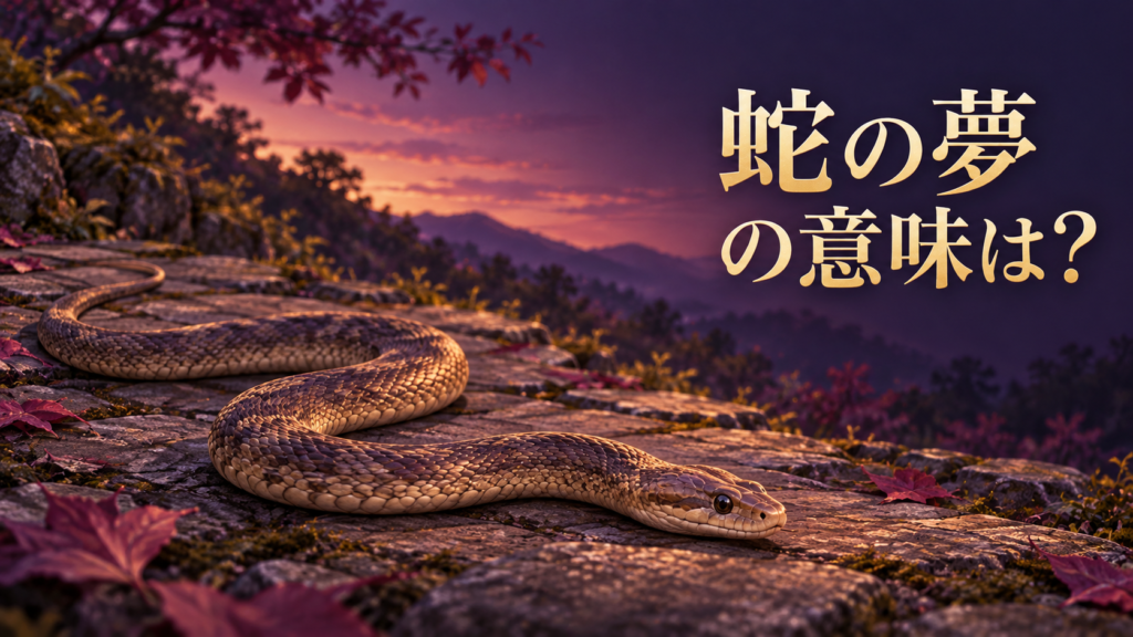 紫がかった夕景の森で、岩と落ち葉の間に一匹の蛇が横たわる絵。右上に「蛇の夢の意味は？」という金色の題字がある。