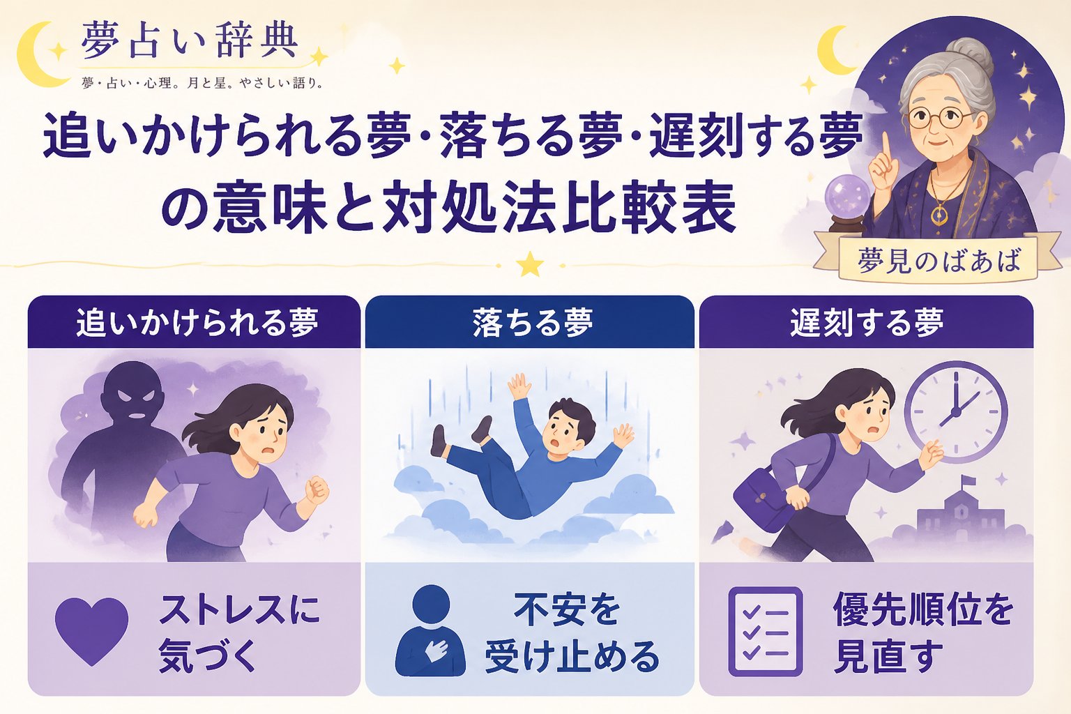 心理 追いかけられる夢・落ちる夢・遅刻する夢の意味と対処法比較表