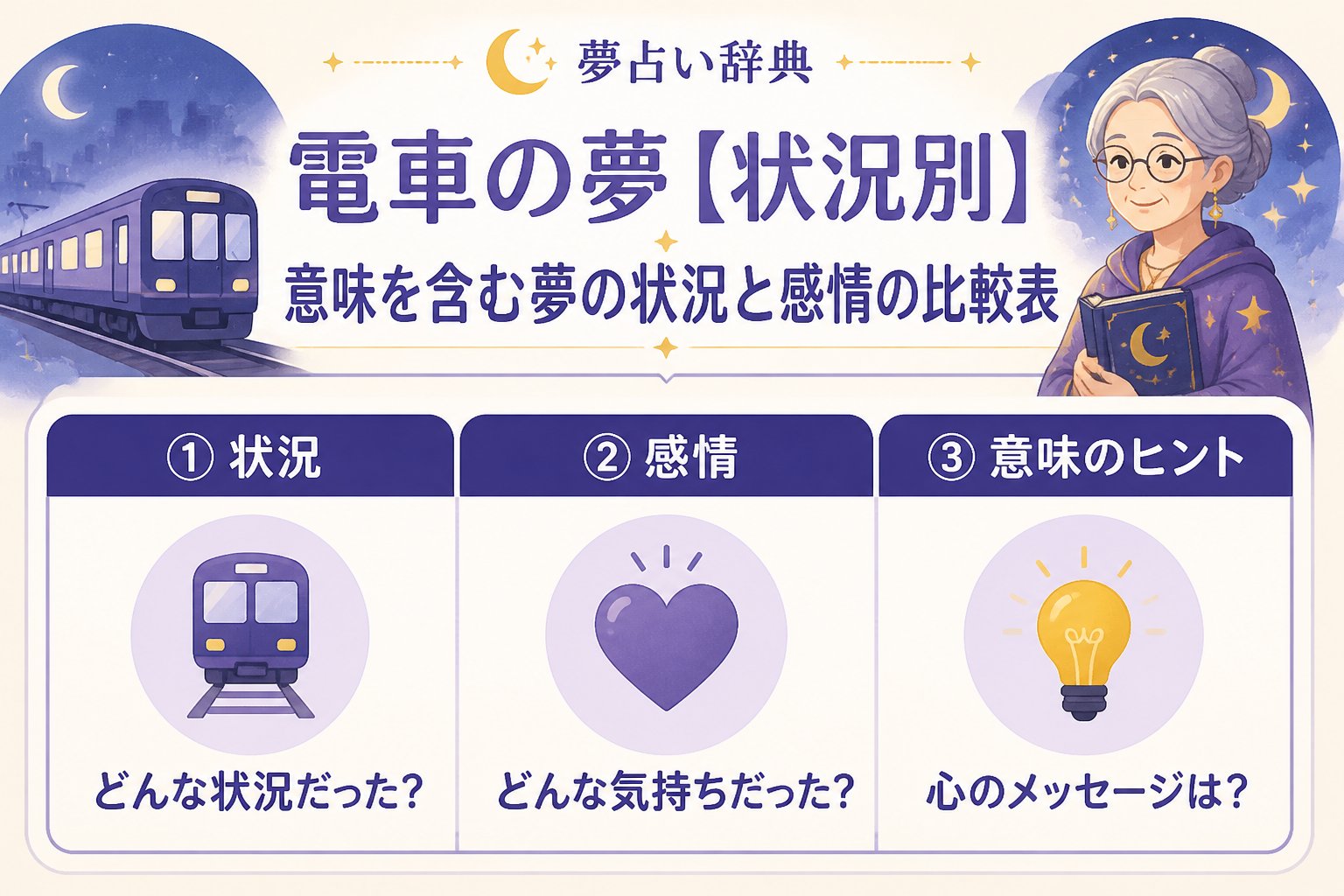 夢占い 電車の夢、状況別、意味を含む夢の状況と感情の比較表