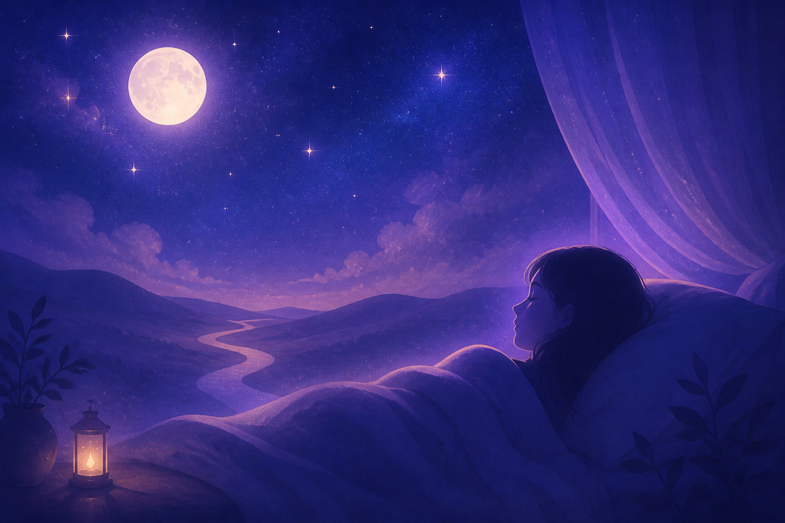 月明かりと星空の下で夢を見ている落ち着いた人物のシルエット