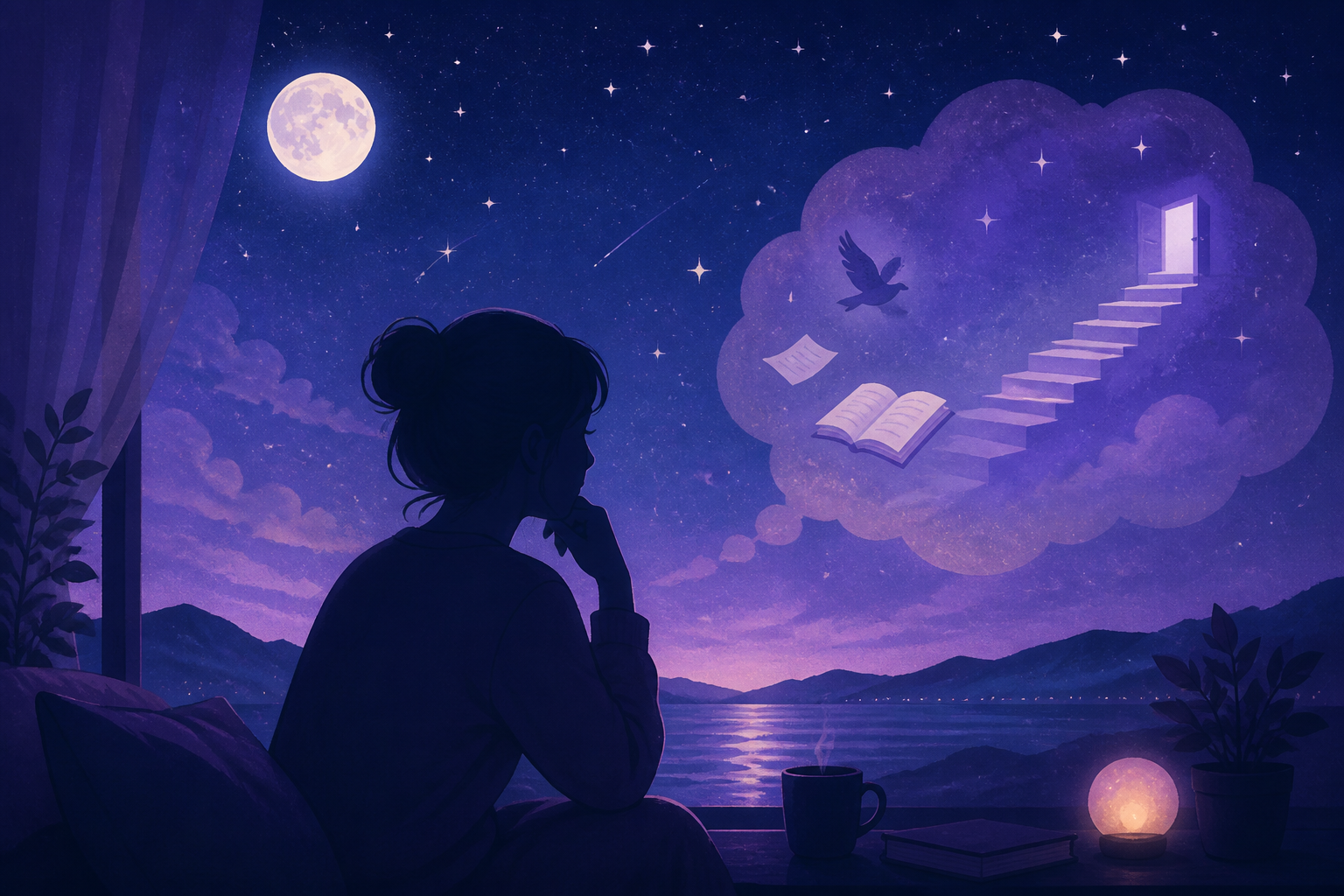 月明かりの下で静かに考える人物のシルエットと星空のイメージ