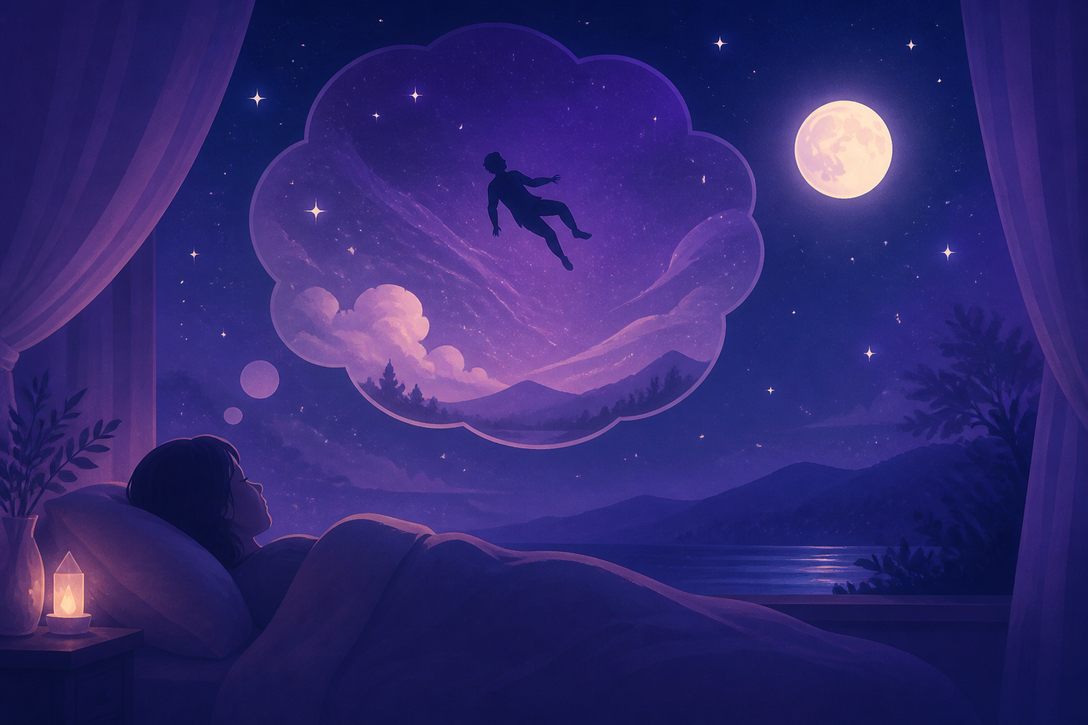 夜空の下で夢を見る人物のシルエットと月明かり