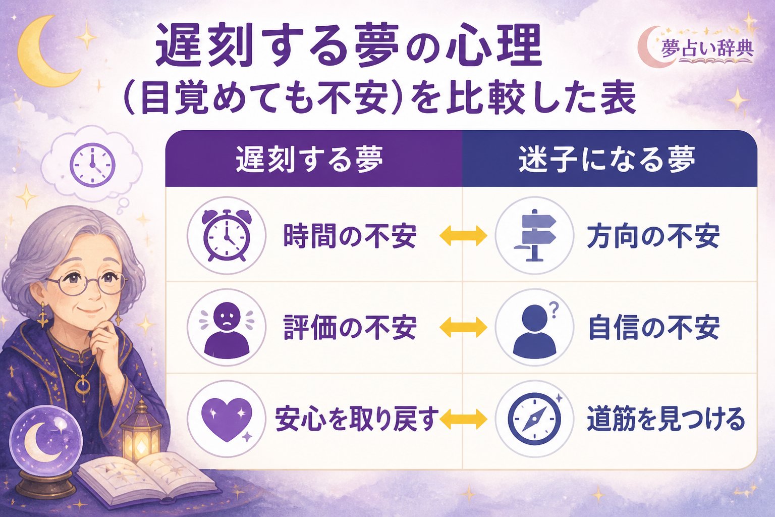 心理 遅刻する夢の心理(目覚めても不安)を比較した表