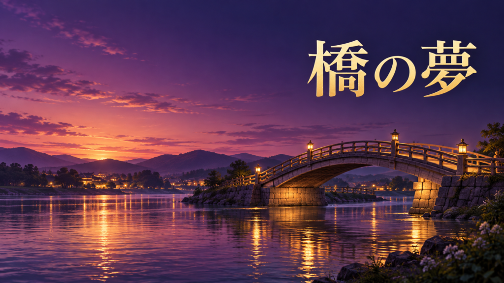 夕暮れの川に架かる橋と「橋の夢」の文字を入れたサムネイル